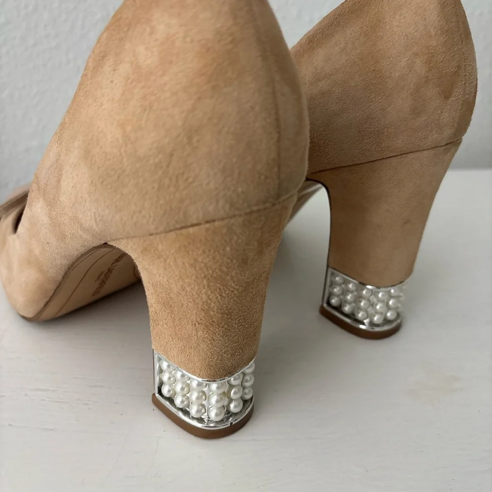 Karl Lagerfeld Naves Cap Round Toe Bow Block Heel Pearls Suede Nude Pumps